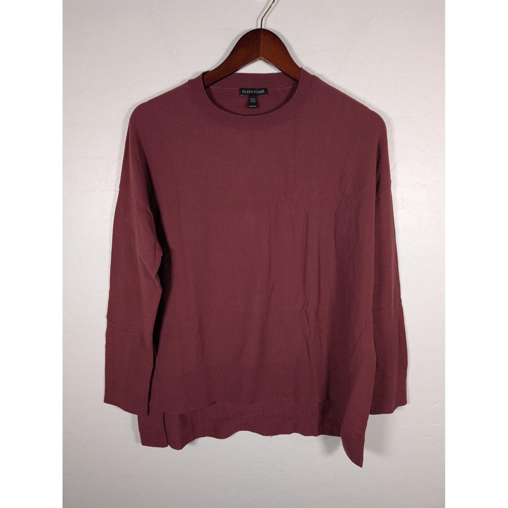 Eileen Fisher Sweater Womens XXS Wine Wool Blend Crewneck Side Slits F18RXA